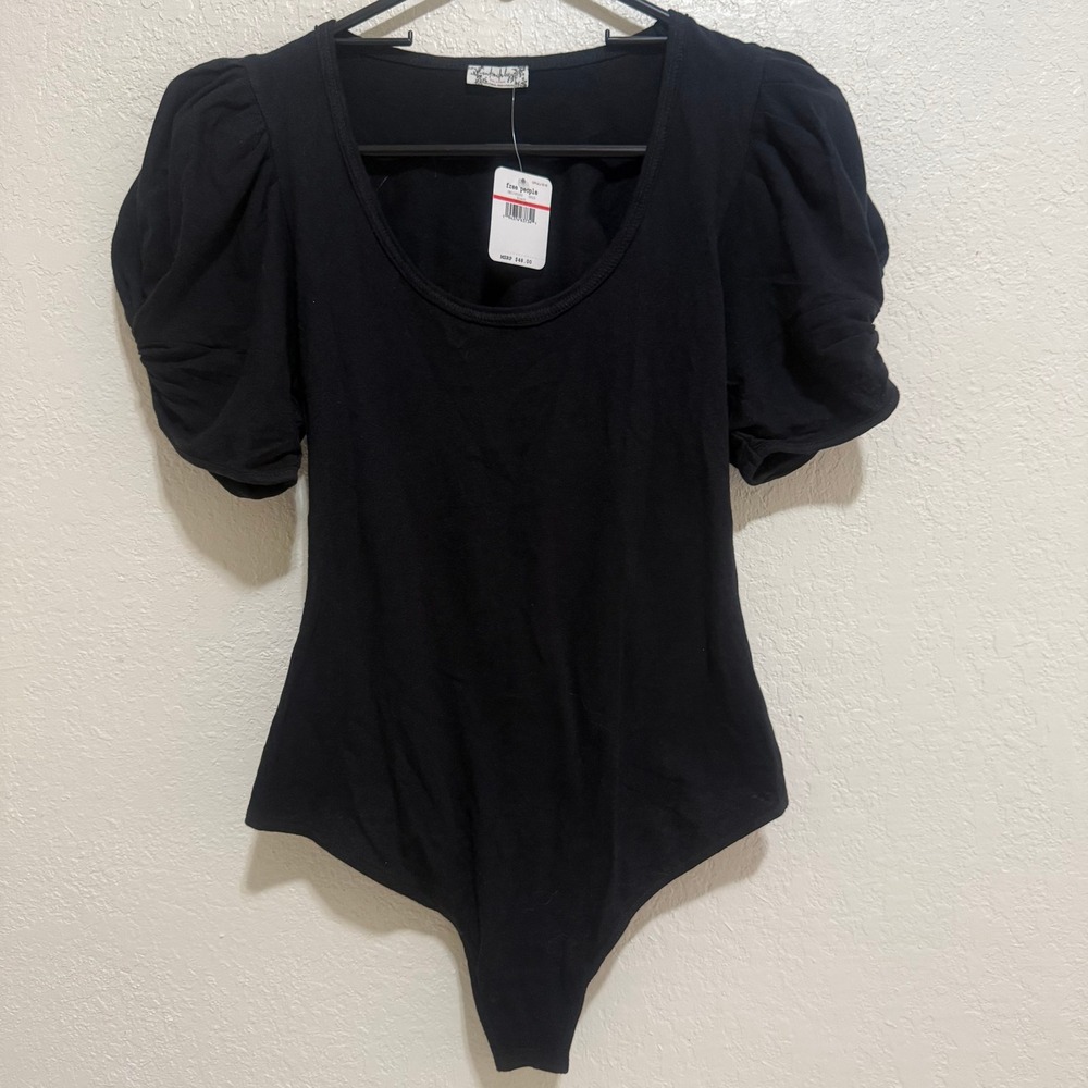 Free People‎ Black Puff Sleeve Ruched Bodysuit Teddy XS